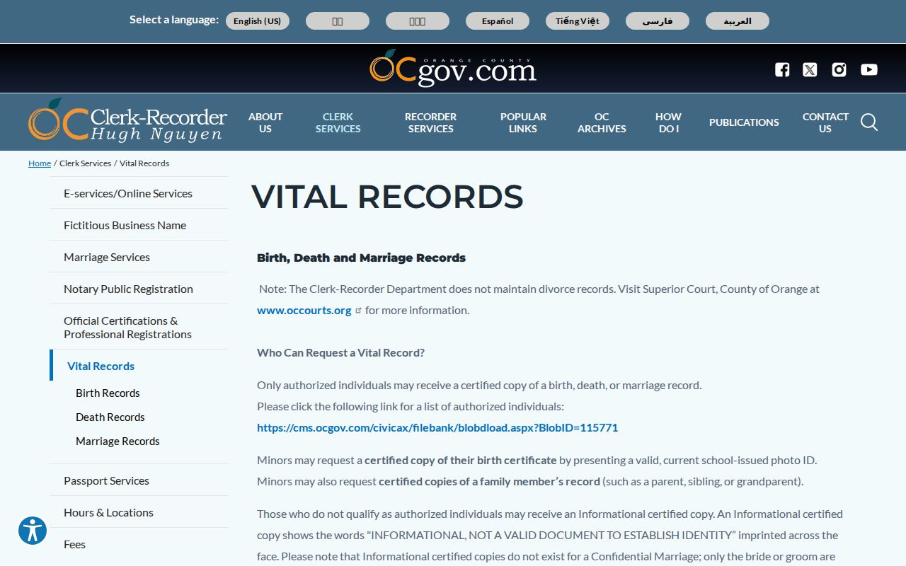 Aliso Viejo public records Orange County vital records application