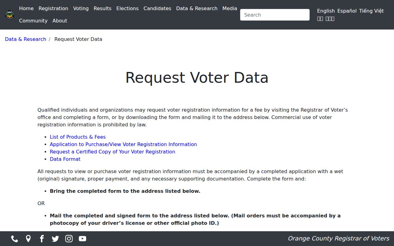 Aliso Viejo voter registration records Orange County voter data request
